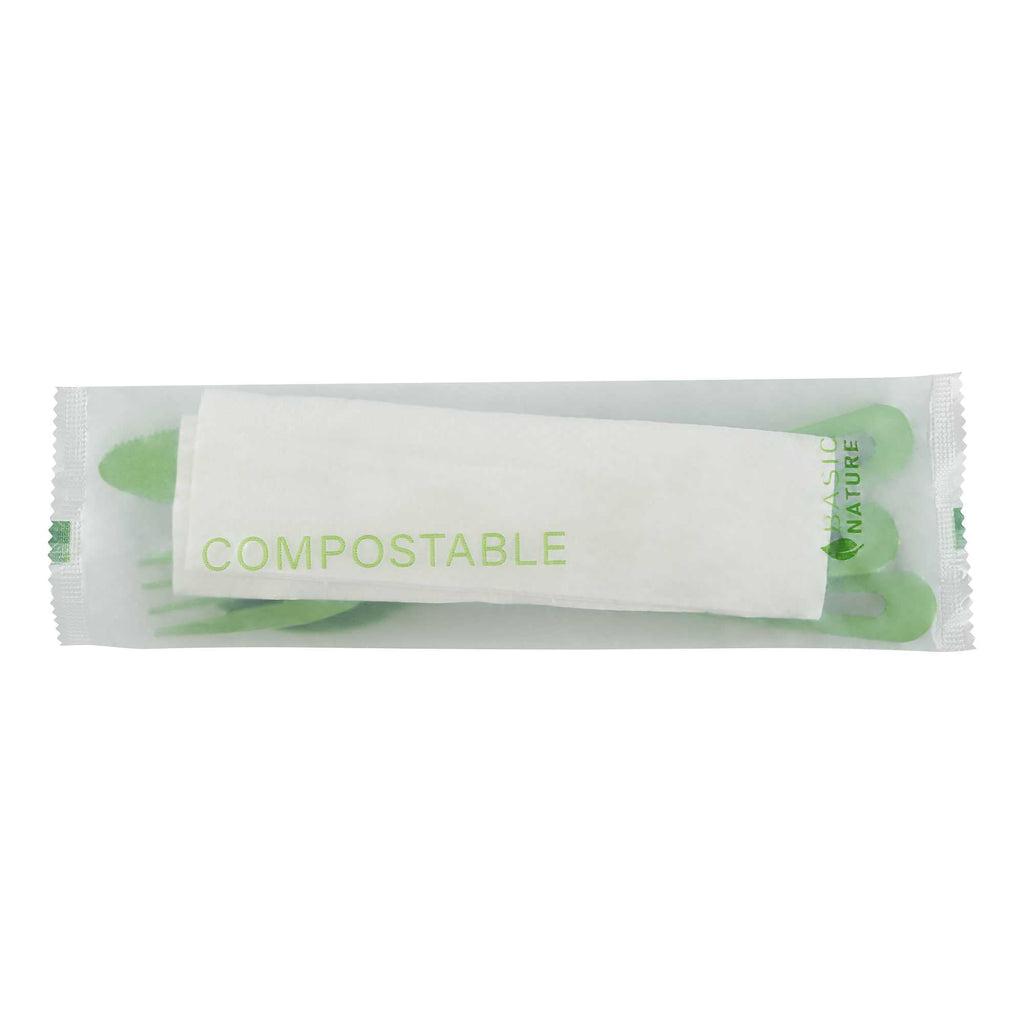 Basic Nature Green CPLA Plastic Cutlery Set - Compostable Wrapper, White Napkin, Heat-Resistant - 7 1/2" - 100 count box