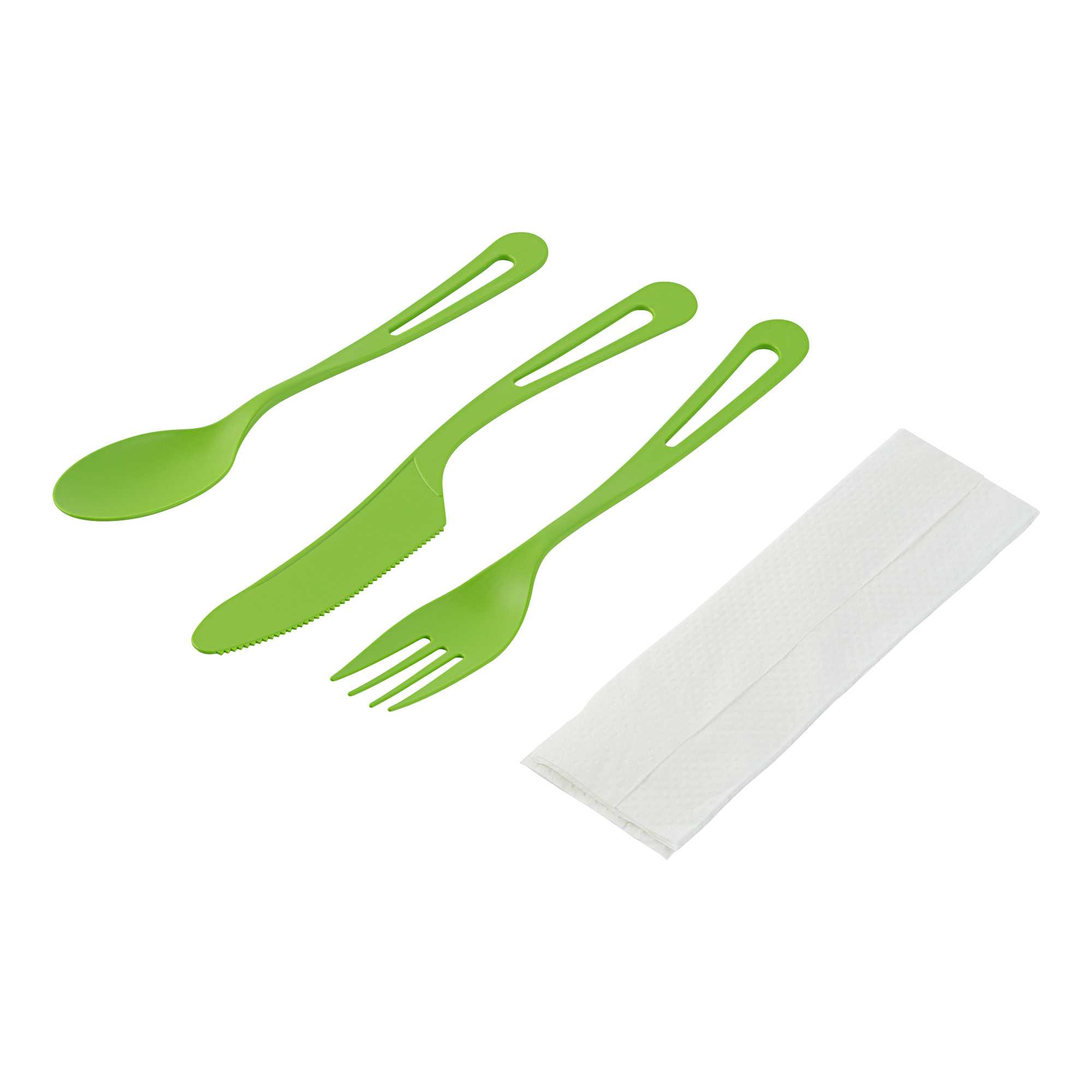 Basic Nature Green CPLA Plastic Cutlery Set - Compostable Wrapper, White Napkin, Heat-Resistant - 7 1/2" - 100 count box