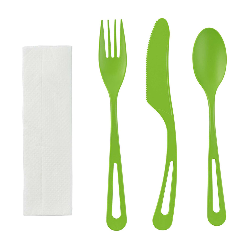 Basic Nature Green CPLA Plastic Cutlery Set - Compostable Wrapper, White Napkin, Heat-Resistant - 7 1/2" - 100 count box