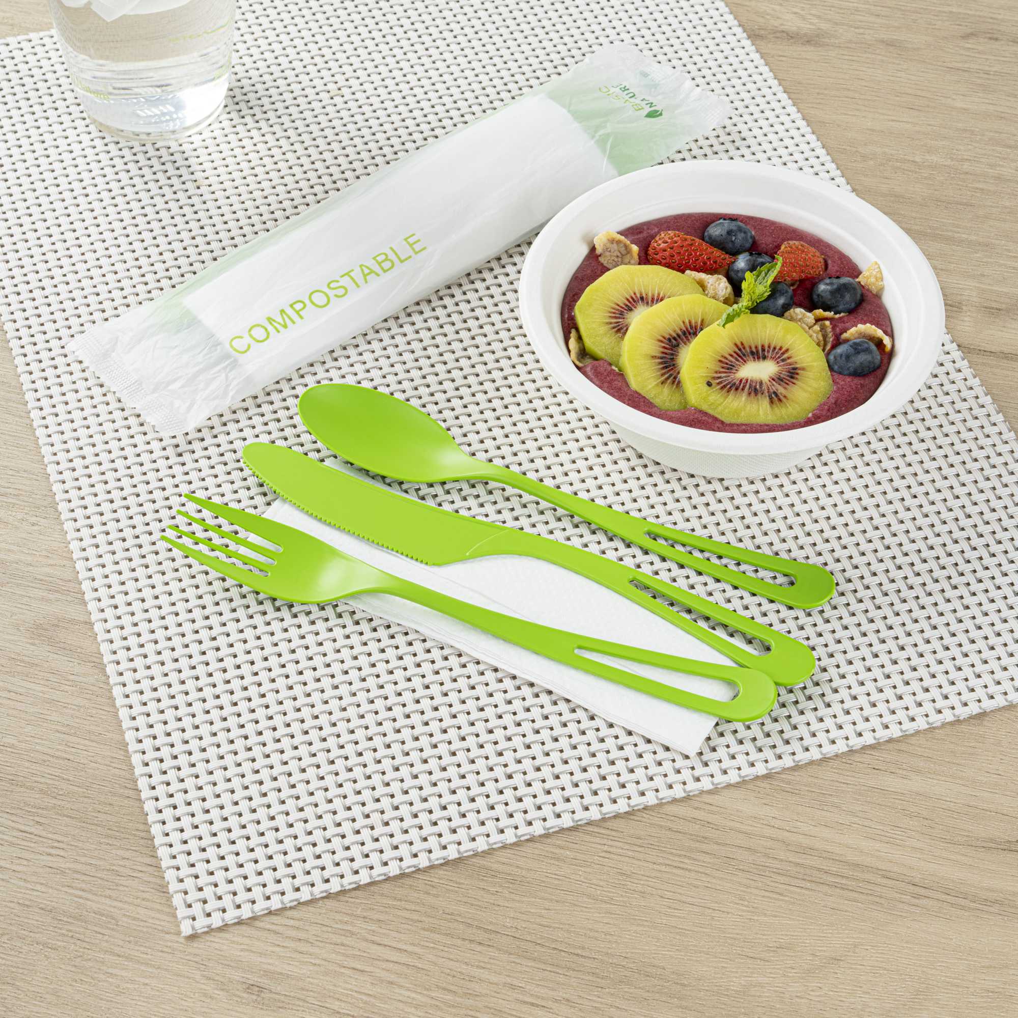 Basic Nature Green CPLA Plastic Cutlery Set - Compostable Wrapper, White Napkin, Heat-Resistant - 7 1/2" - 100 count box