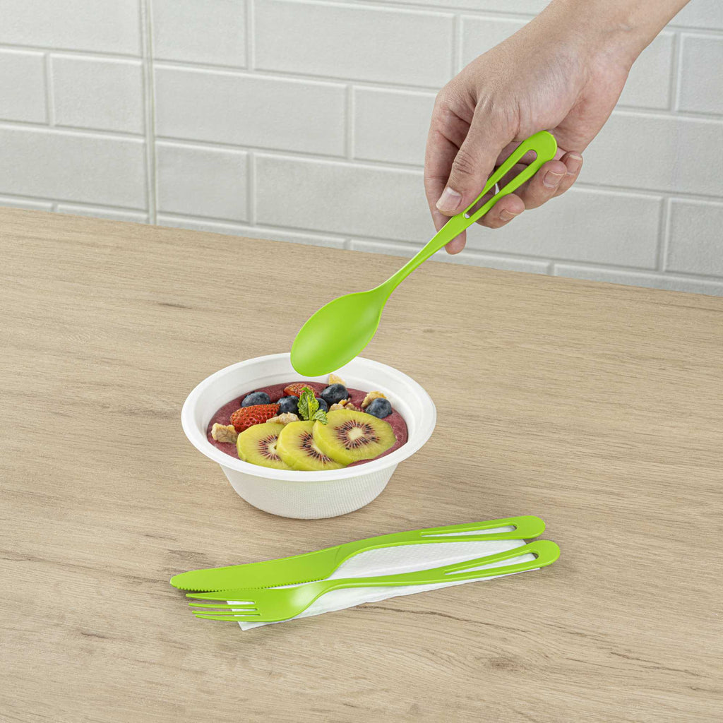 Basic Nature Green CPLA Plastic Cutlery Set - Compostable Wrapper, White Napkin, Heat-Resistant - 7 1/2" - 100 count box