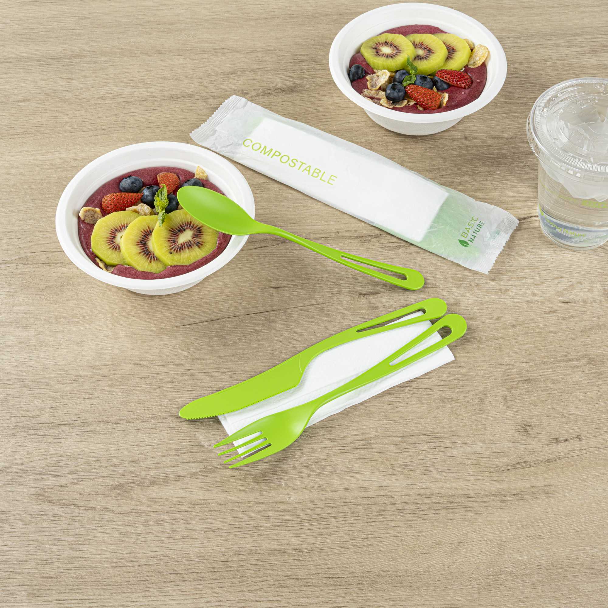 Basic Nature Green CPLA Plastic Cutlery Set - Compostable Wrapper, White Napkin, Heat-Resistant - 7 1/2" - 100 count box