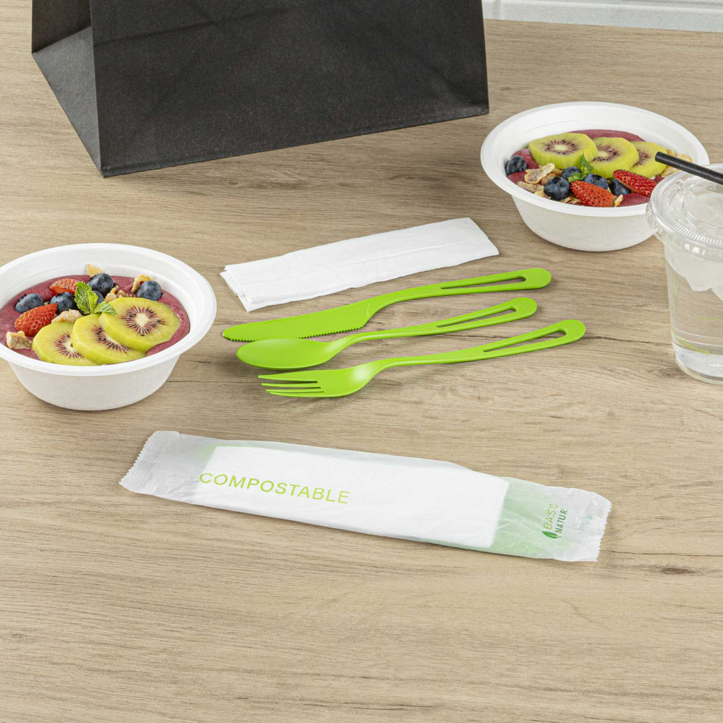 Basic Nature Green CPLA Plastic Cutlery Set - Compostable Wrapper, White Napkin, Heat-Resistant - 7 1/2" - 100 count box