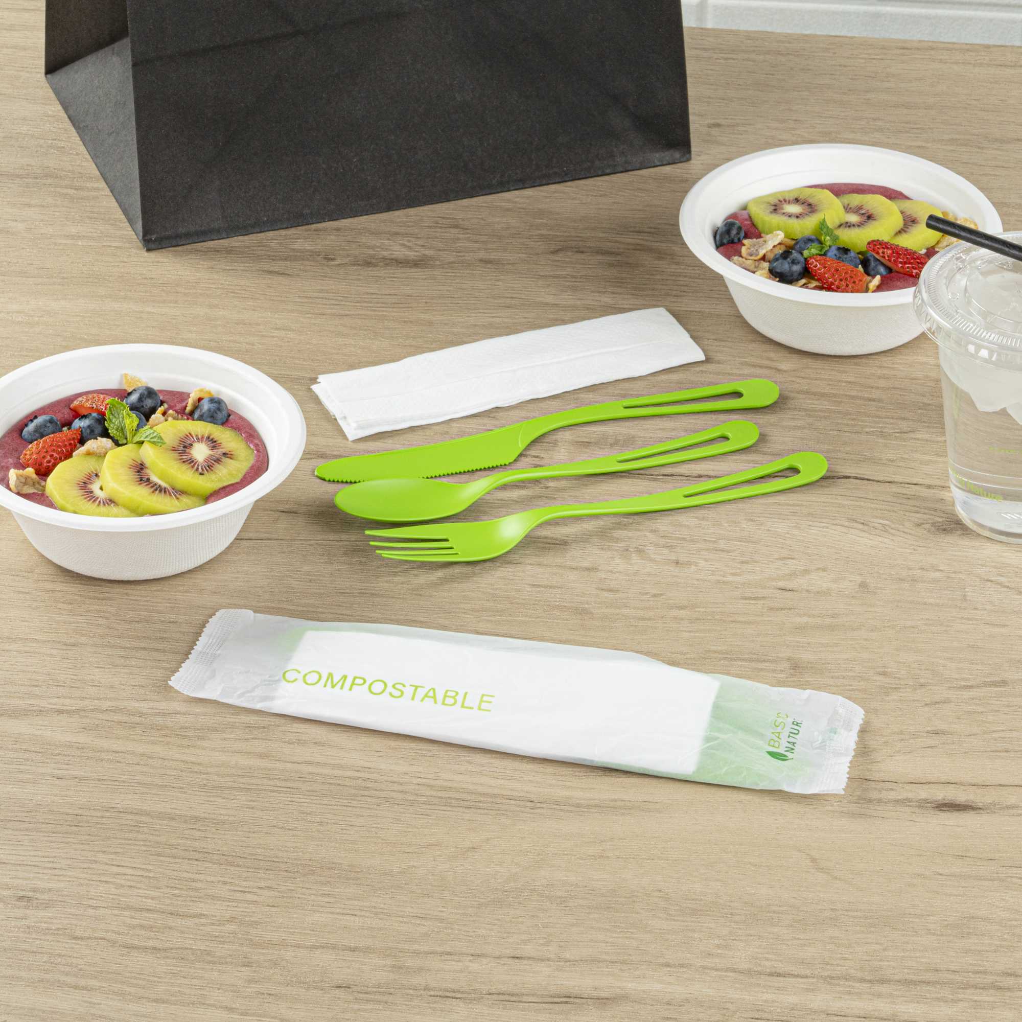 Basic Nature Green CPLA Plastic Cutlery Set - Compostable Wrapper, White Napkin, Heat-Resistant - 7 1/2" - 100 count box