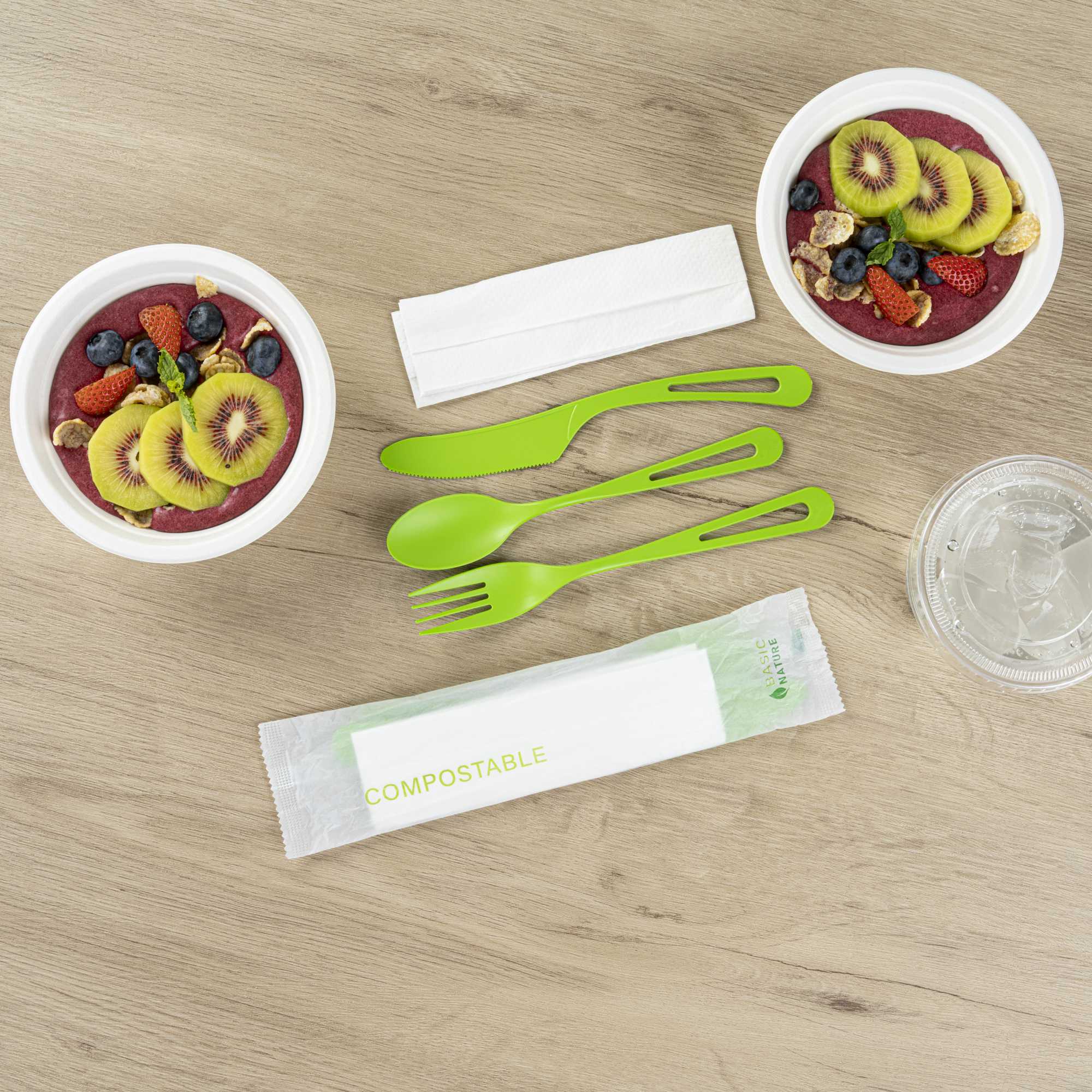 Basic Nature Green CPLA Plastic Cutlery Set - Compostable Wrapper, White Napkin, Heat-Resistant - 7 1/2" - 100 count box