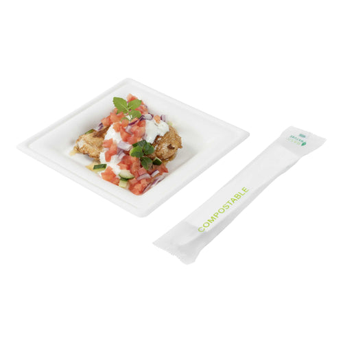 Basic Nature White CPLA Plastic Cutlery Set - Compostable Wrapper, White Napkin, Heat-Resistant - 7 1/2" - 100 count box