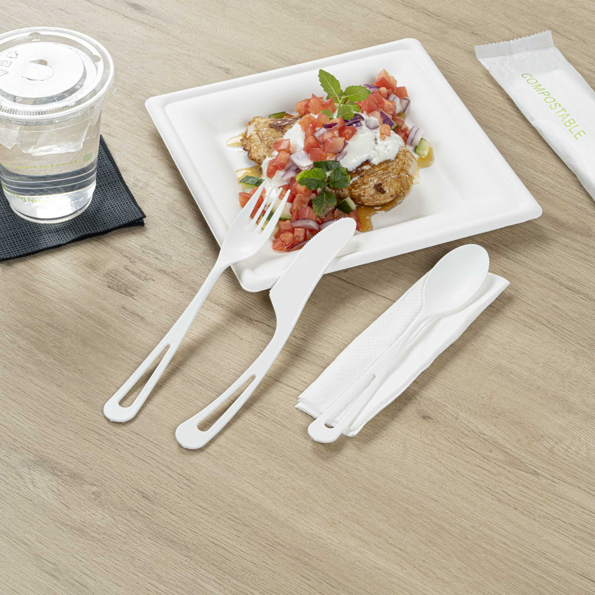 Basic Nature White CPLA Plastic Cutlery Set - Compostable Wrapper, White Napkin, Heat-Resistant - 7 1/2" - 100 count box
