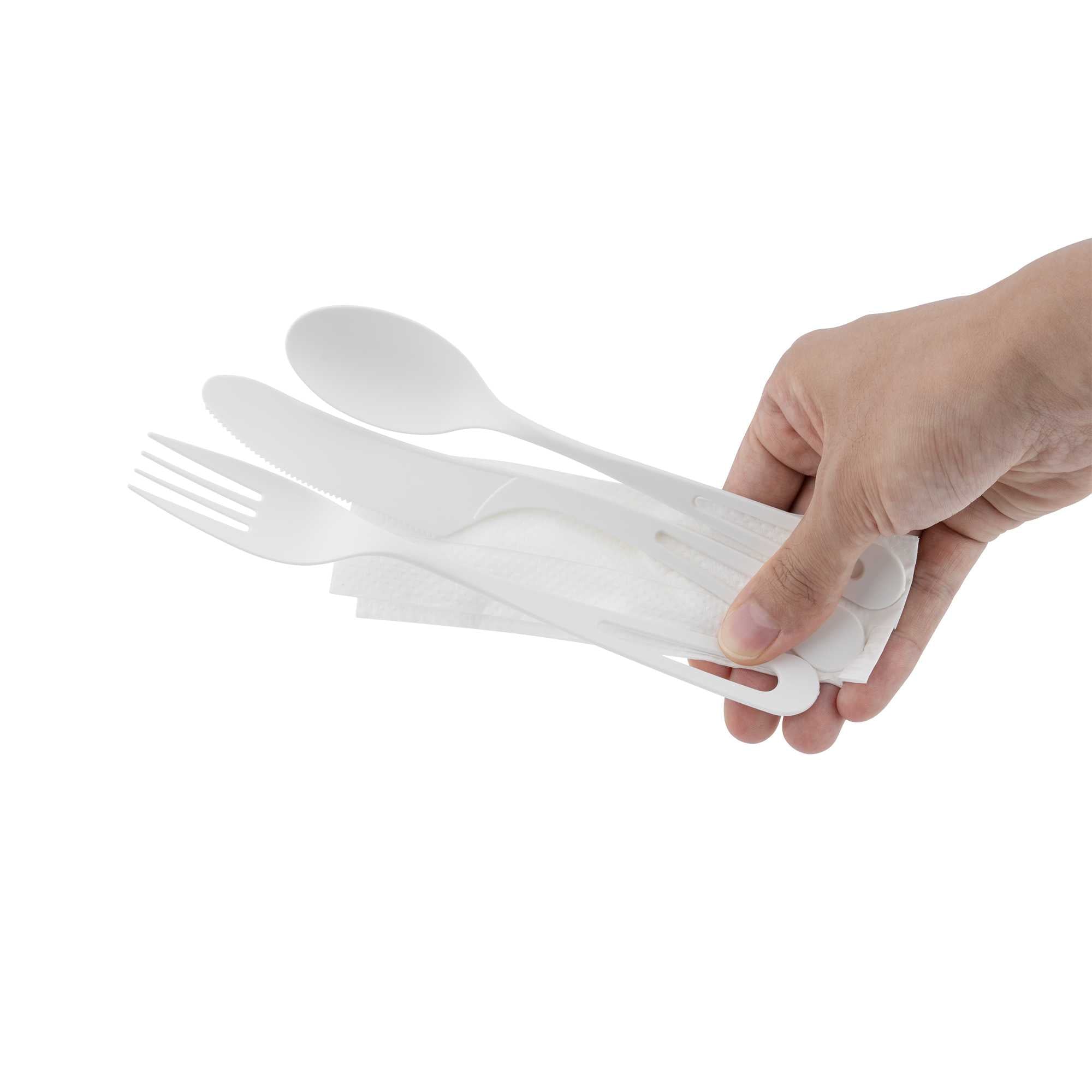 Basic Nature White CPLA Plastic Cutlery Set - Compostable Wrapper, White Napkin, Heat-Resistant - 7 1/2" - 100 count box