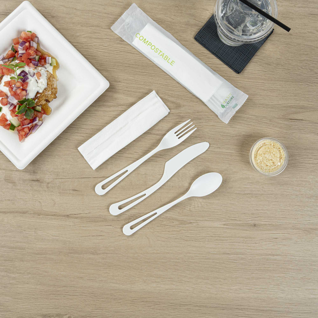 Basic Nature White CPLA Plastic Cutlery Set - Compostable Wrapper, White Napkin, Heat-Resistant - 7 1/2" - 100 count box