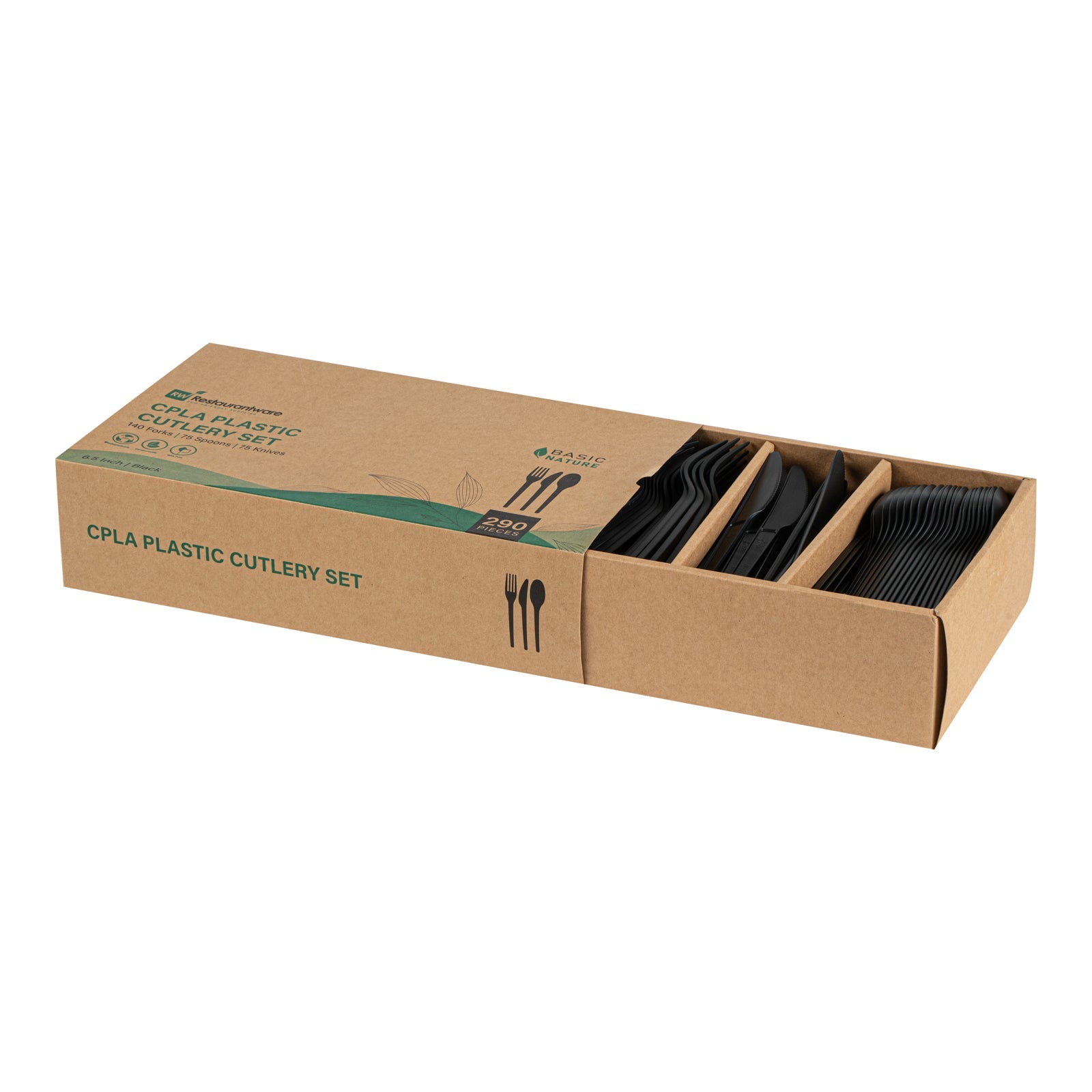 Basic Nature Black CPLA Plastic Cutlery Set - Heat-Resistant, Compostable - 6 1/2" - 290 count box