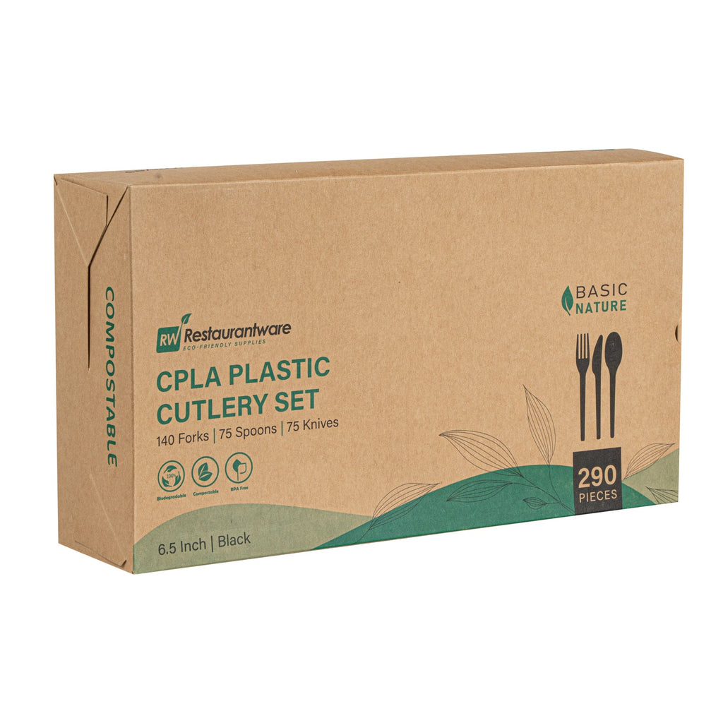Basic Nature Black CPLA Plastic Cutlery Set - Heat-Resistant, Compostable - 6 1/2" - 290 count box