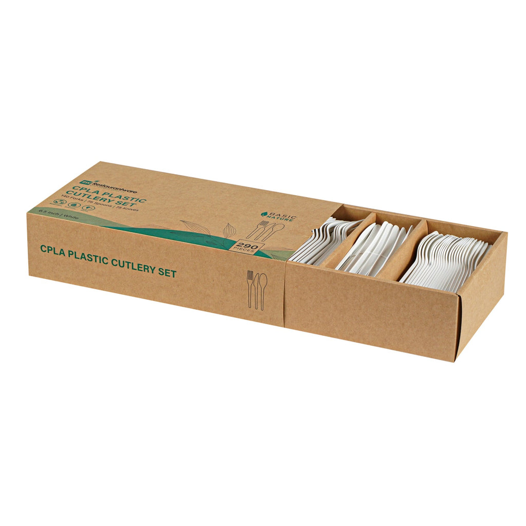 Basic Nature White CPLA Plastic Cutlery Set - Heat-Resistant, Compostable - 6 1/2" - 290 count box