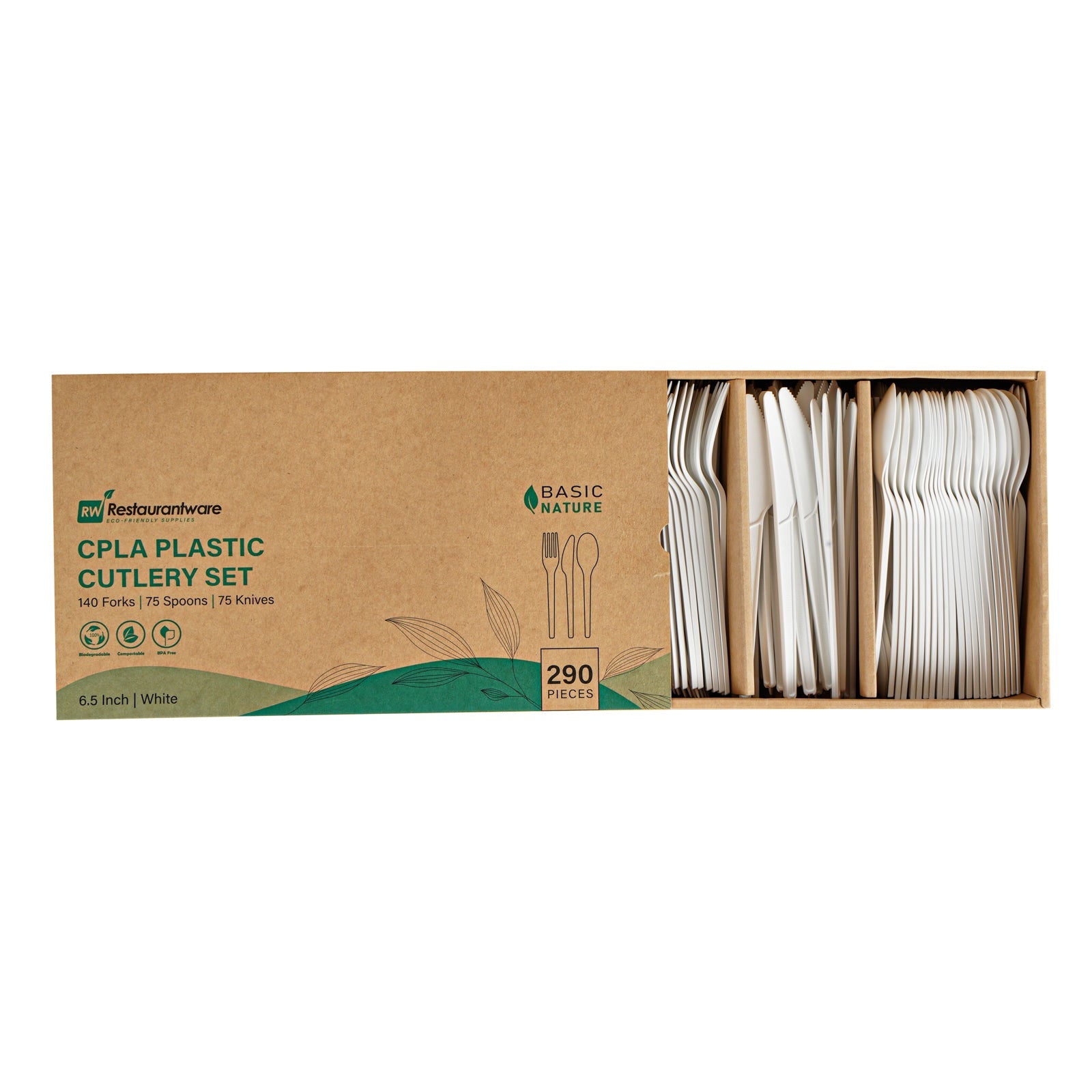 Basic Nature White CPLA Plastic Cutlery Set - Heat-Resistant, Compostable - 6 1/2" - 290 count box
