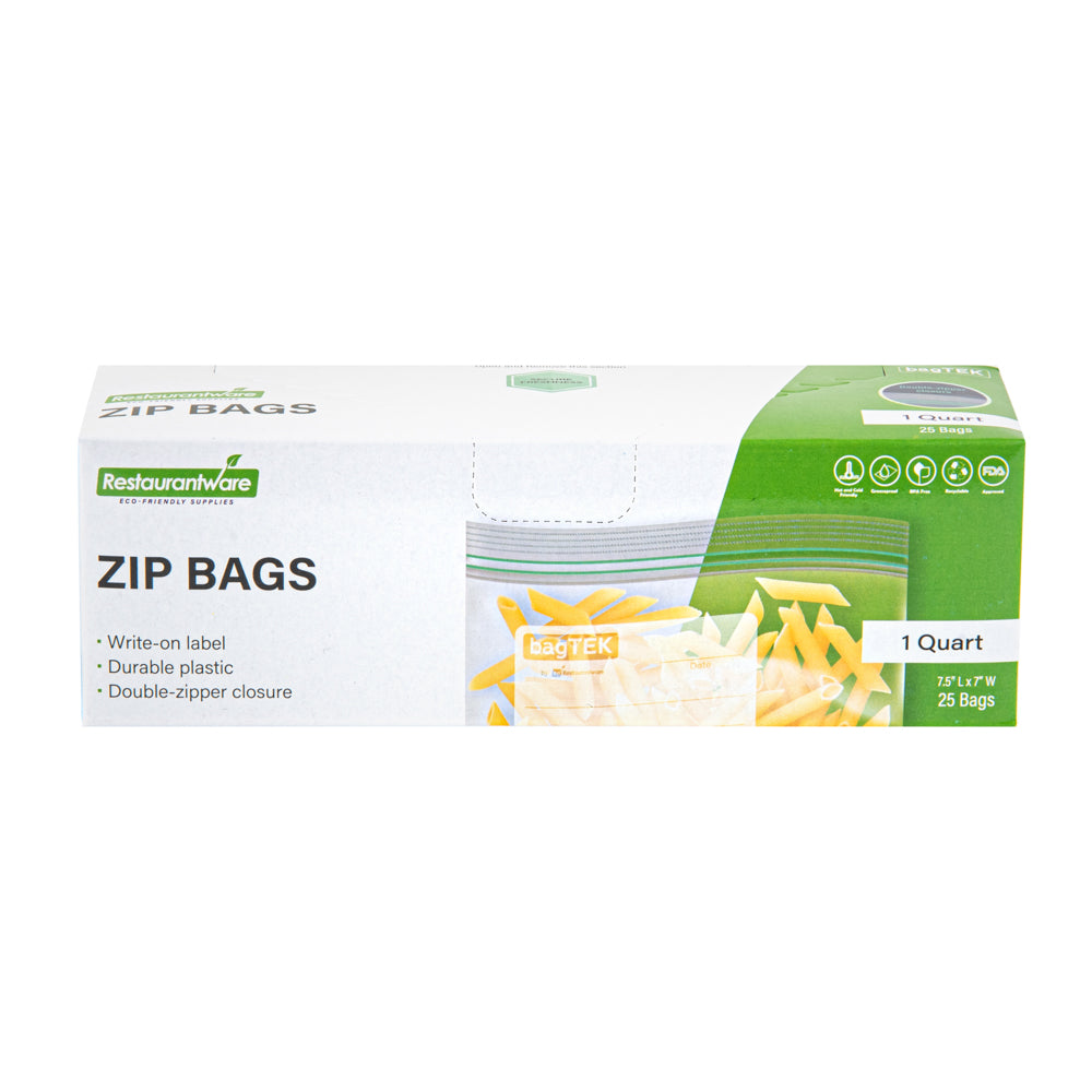 Bag Tek 1 qt Clear Plastic Zip Bag - Double Zipper, Write-On Label, BPA-Free - 7 1/2" x 7" - 25 count box