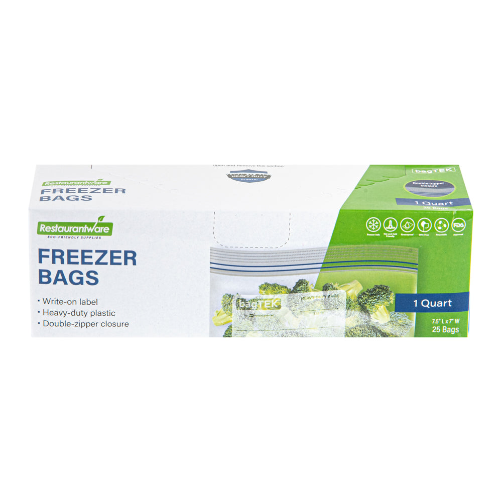 Bag Tek 1 qt Clear Plastic Freezer Bag - Double Zipper, Write-On Label, BPA-Free - 7 1/2" x 7" - 25 count box