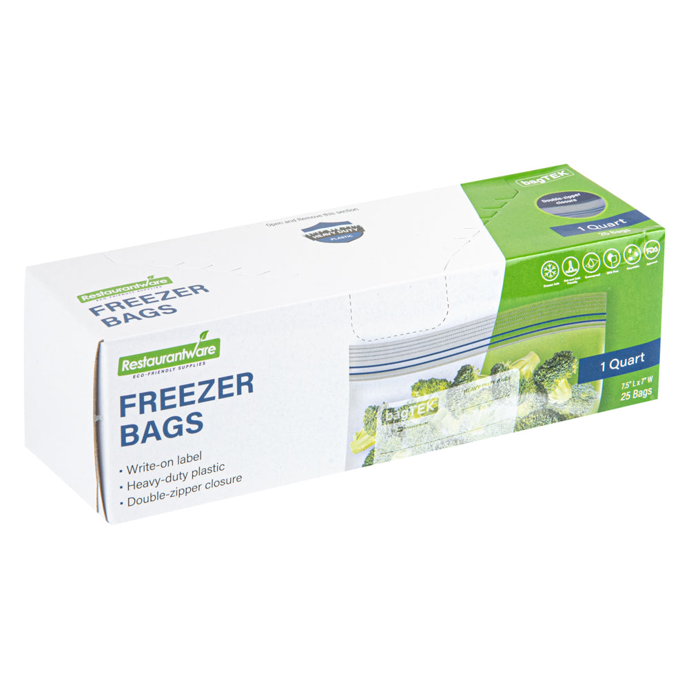 Bag Tek 1 qt Clear Plastic Freezer Bag - Double Zipper, Write-On Label, BPA-Free - 7 1/2" x 7" - 25 count box