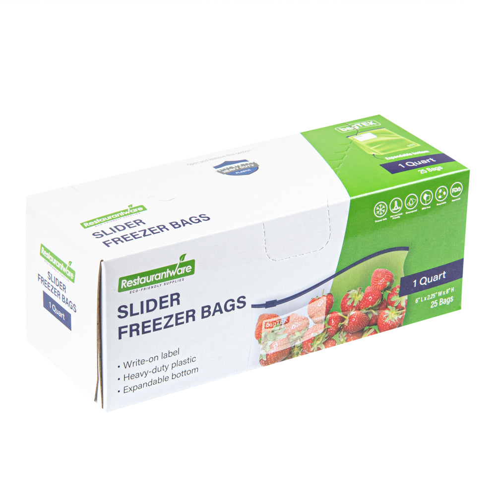 Bag Tek 1 qt Clear Plastic Slider Freezer Bag - Expandable Bottom, Write-On Label, BPA-Free - 6" x 2 1/4" x 8" - 25 count box