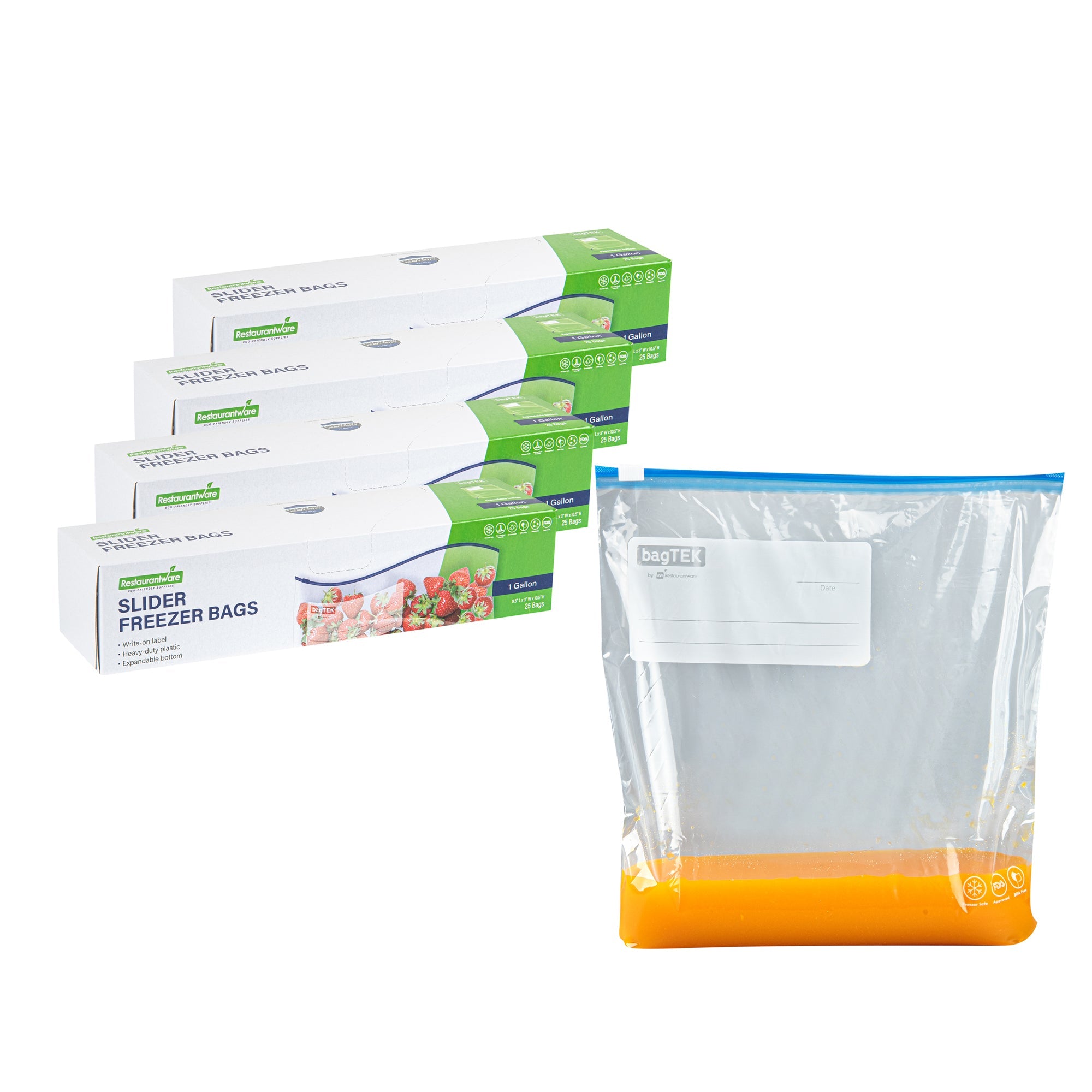 Bag Tek 1 gal Clear Plastic Slider Freezer Bag - Expandable Bottom, Write-On Label, BPA-Free - 9 1/2" x 3" x 10 1/2" - 25 count box
