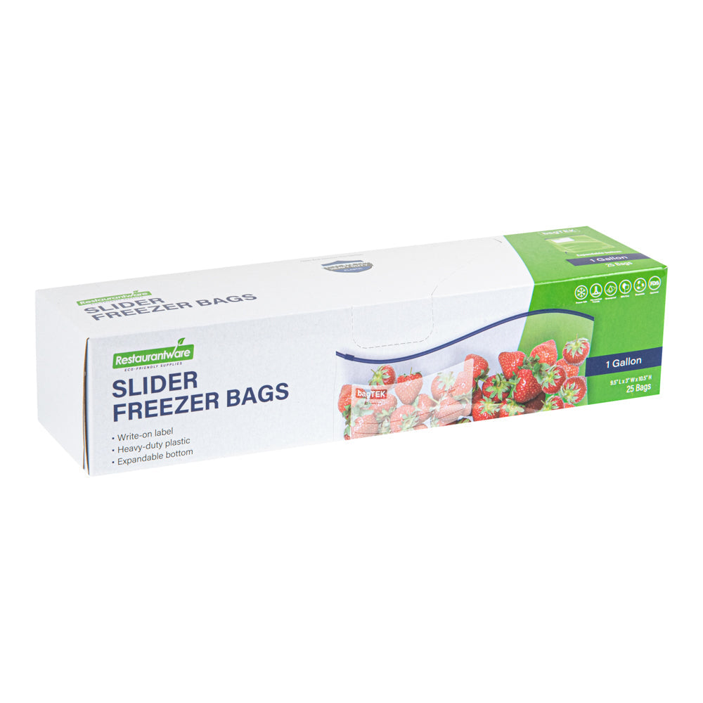 Bag Tek 1 gal Clear Plastic Slider Freezer Bag - Expandable Bottom, Write-On Label, BPA-Free - 9 1/2" x 3" x 10 1/2" - 25 count box