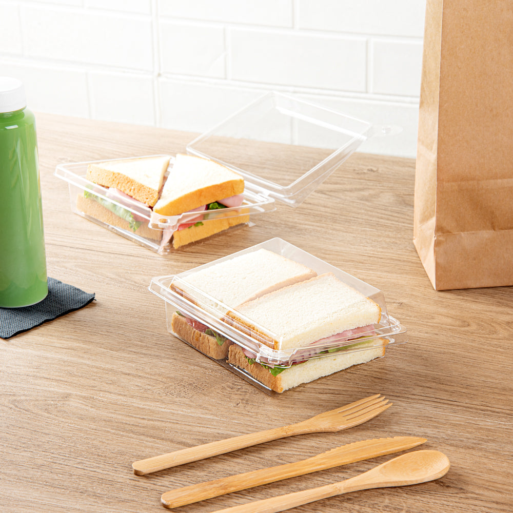 Tamper Tek Rectangle Clear Plastic Sandwich / Pinwheel Container - with Lid, Tamper-Evident - 6 3/4" x 5 3/4" x 1 3/4" - 100 count box