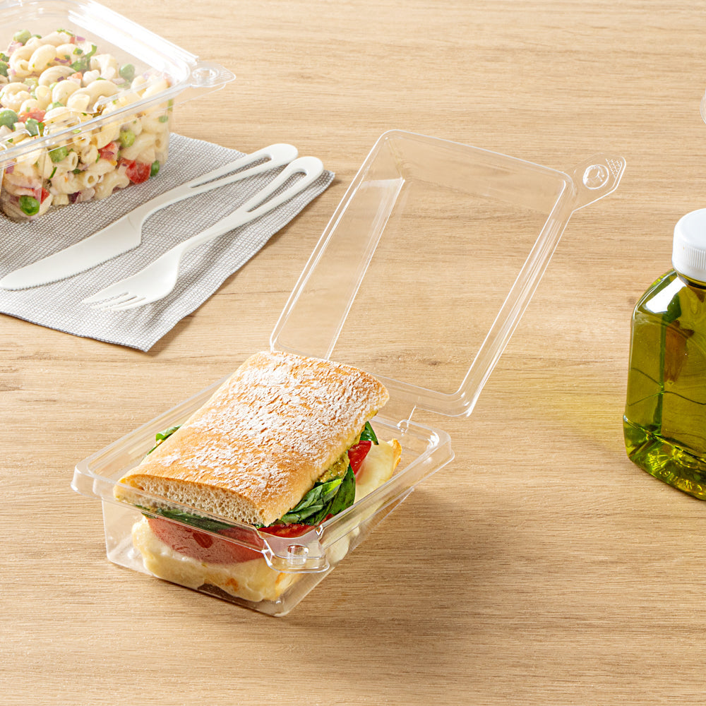 Tamper Tek Rectangle Clear Plastic Sandwich Container - with Lid, Tamper-Evident - 6" x 4 1/2" x 2 1/4" - 100 count box