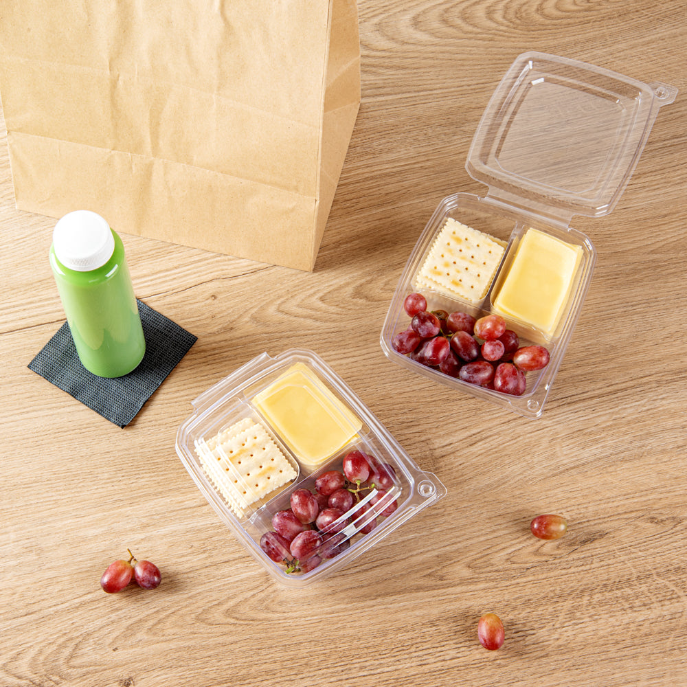 Tamper Tek 11 oz Rectangle Clear Plastic Container - with Lid, Tamper-Evident, 3 Compartments - 7" x 5 1/2" x 1 1/2" - 100 count box