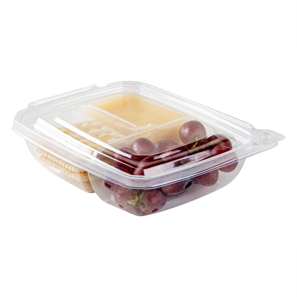 Tamper Tek 11 oz Rectangle Clear Plastic Container - with Lid, Tamper-Evident, 3 Compartments - 7" x 5 1/2" x 1 1/2" - 100 count box