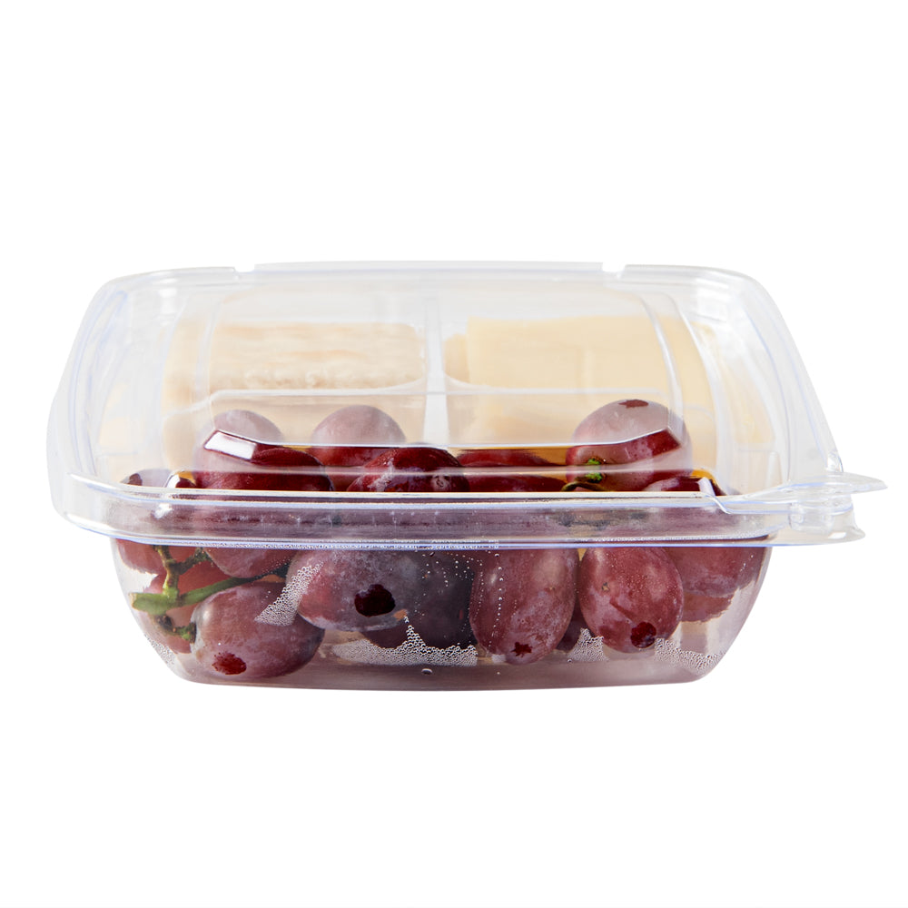 Tamper Tek 11 oz Rectangle Clear Plastic Container - with Lid, Tamper-Evident, 3 Compartments - 7" x 5 1/2" x 1 1/2" - 100 count box