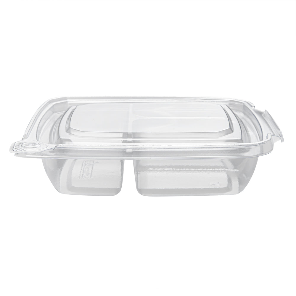 Tamper Tek 11 oz Rectangle Clear Plastic Container - with Lid, Tamper-Evident, 3 Compartments - 7" x 5 1/2" x 1 1/2" - 100 count box