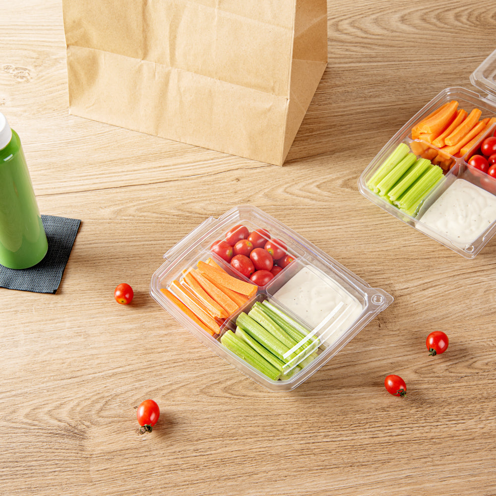 Tamper Tek 13 oz Rectangle Clear Plastic Container - with Lid, Tamper-Evident, 4 Compartments - 7" x 5 1/2" x 1 1/2" - 100 count box