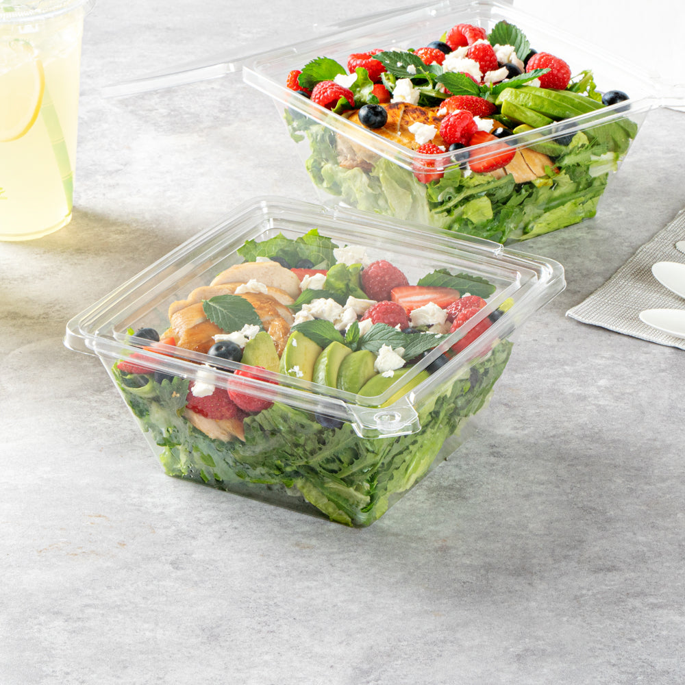 Tamper Tek 48 oz Square Clear Plastic Salad Bowl - with Lid, Tamper-Evident - 7 1/2" x 7 1/4" x 3 1/4" - 100 count box