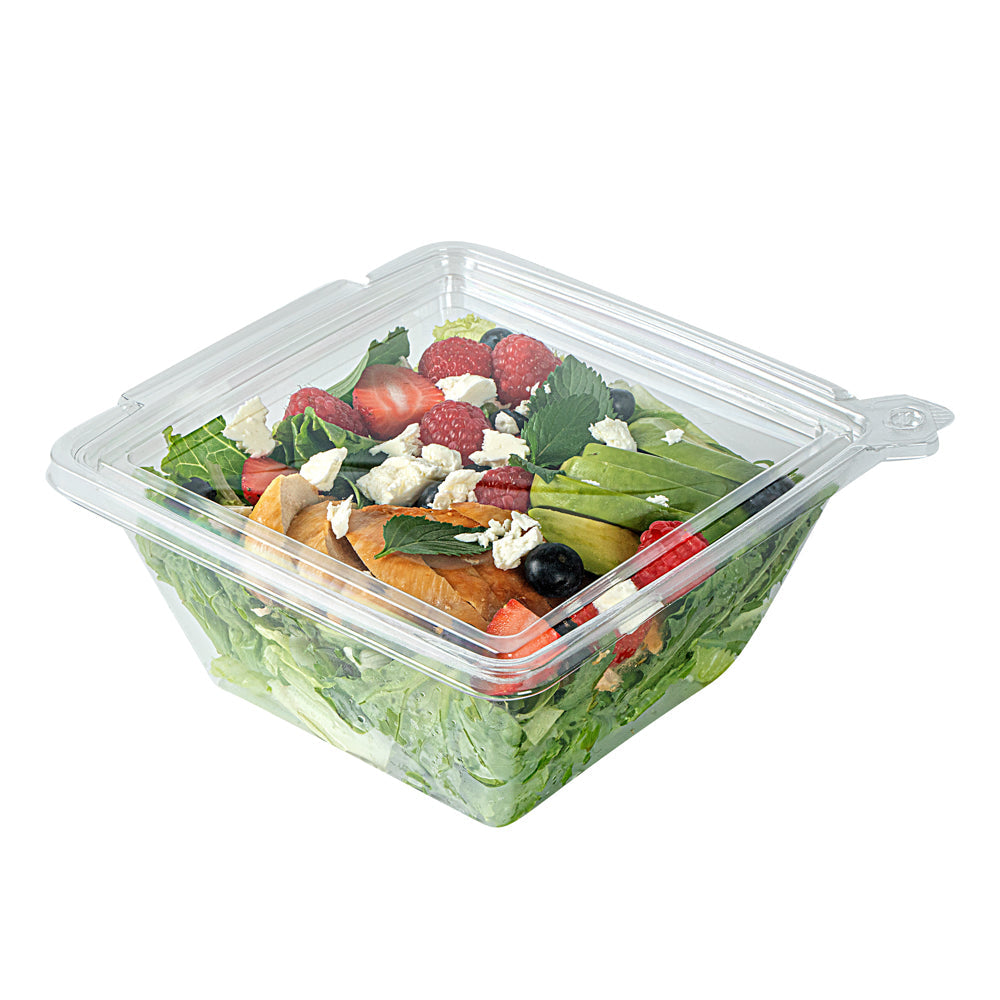 Tamper Tek 48 oz Square Clear Plastic Salad Bowl - with Lid, Tamper-Evident - 7 1/2" x 7 1/4" x 3 1/4" - 100 count box