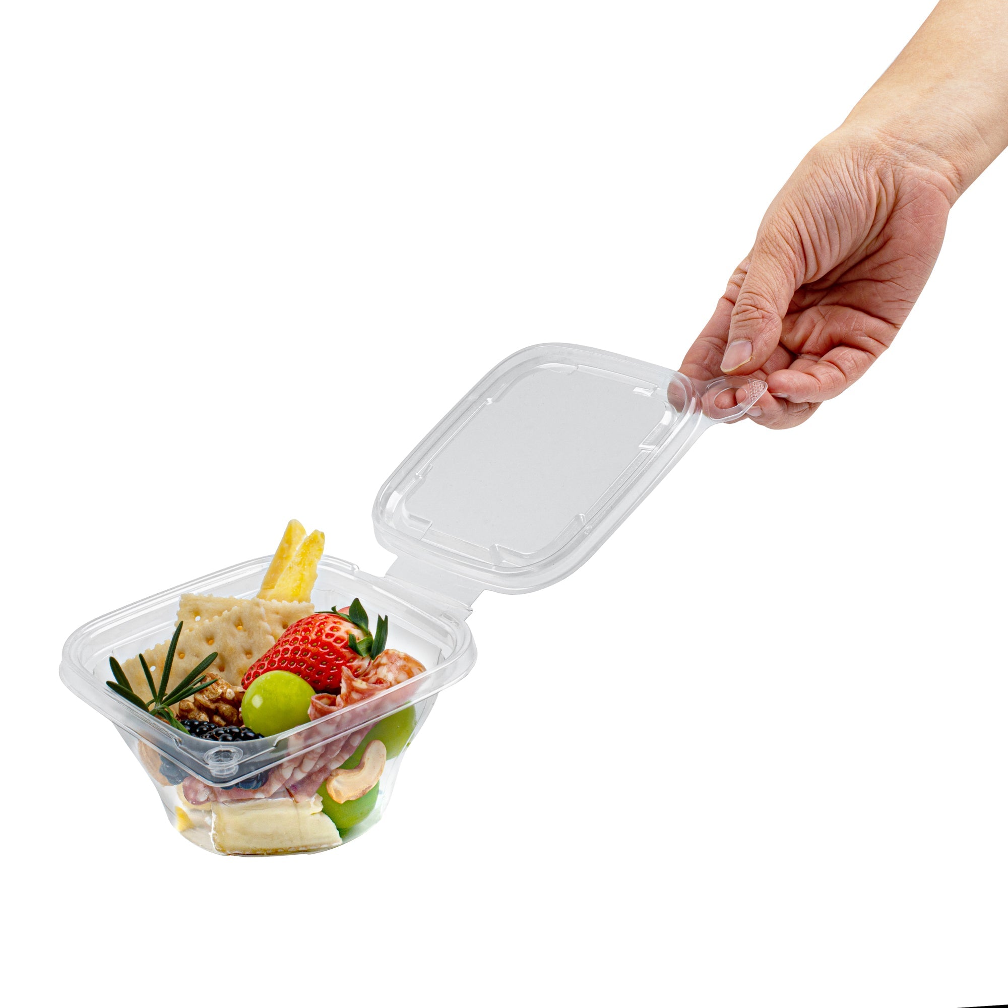 Tamper Tek 8 oz Square to Round Clear Plastic Deli / Snack Container - with Lid, Tamper-Evident - 4 3/4" x 5" x 1 3/4" - 100 count box