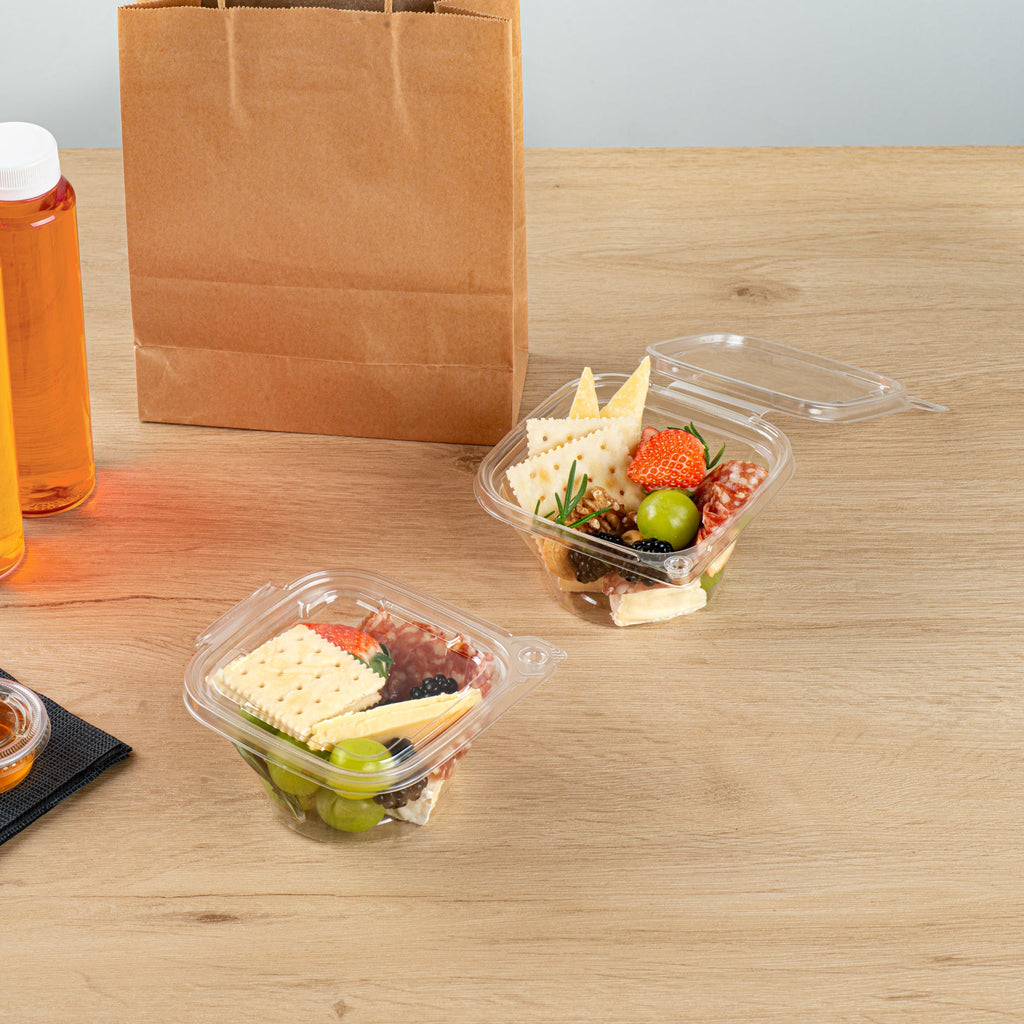 Tamper Tek 8 oz Square to Round Clear Plastic Deli / Snack Container - with Lid, Tamper-Evident - 4 3/4" x 5" x 1 3/4" - 100 count box