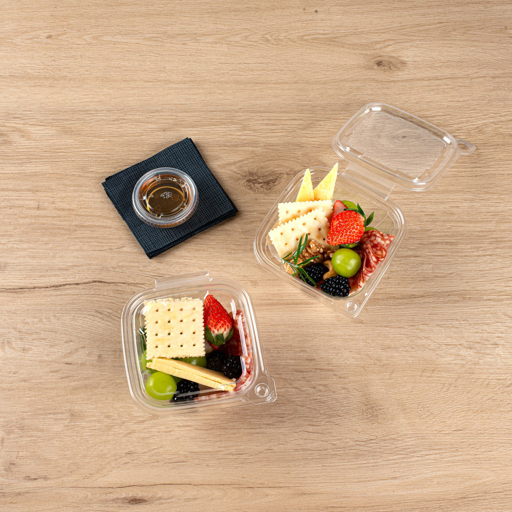 Tamper Tek 8 oz Square to Round Clear Plastic Deli / Snack Container - with Lid, Tamper-Evident - 4 3/4" x 5" x 1 3/4" - 100 count box