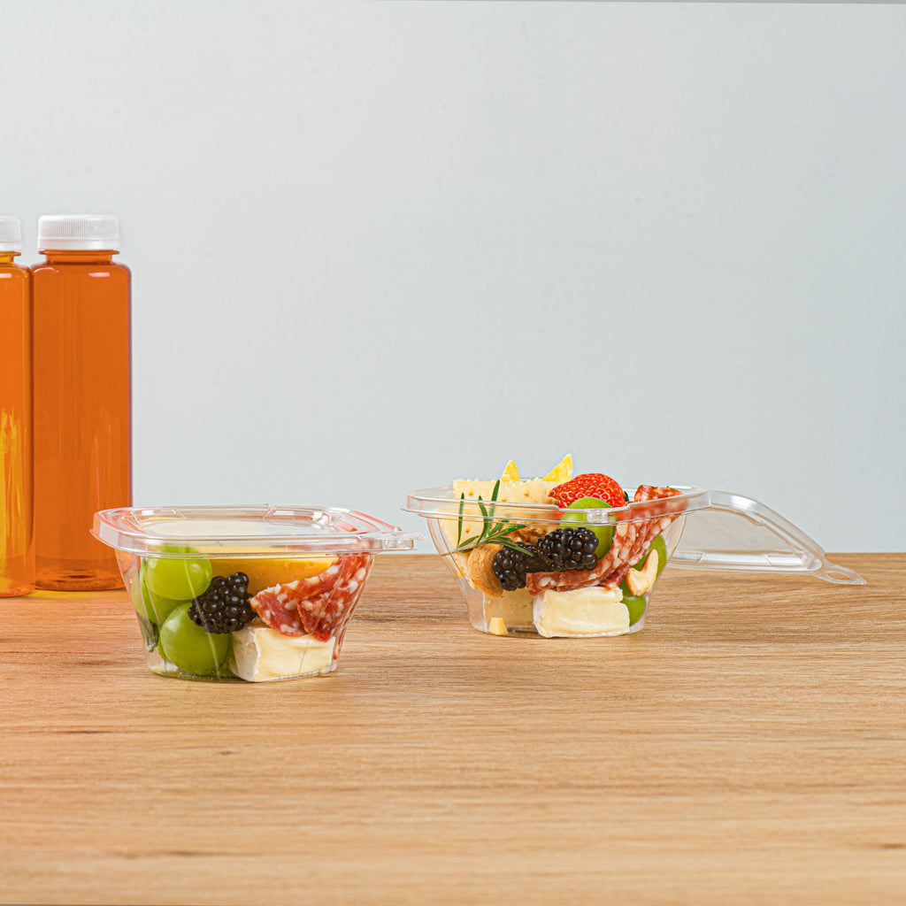 Tamper Tek 8 oz Square to Round Clear Plastic Deli / Snack Container - with Lid, Tamper-Evident - 4 3/4" x 5" x 1 3/4" - 100 count box
