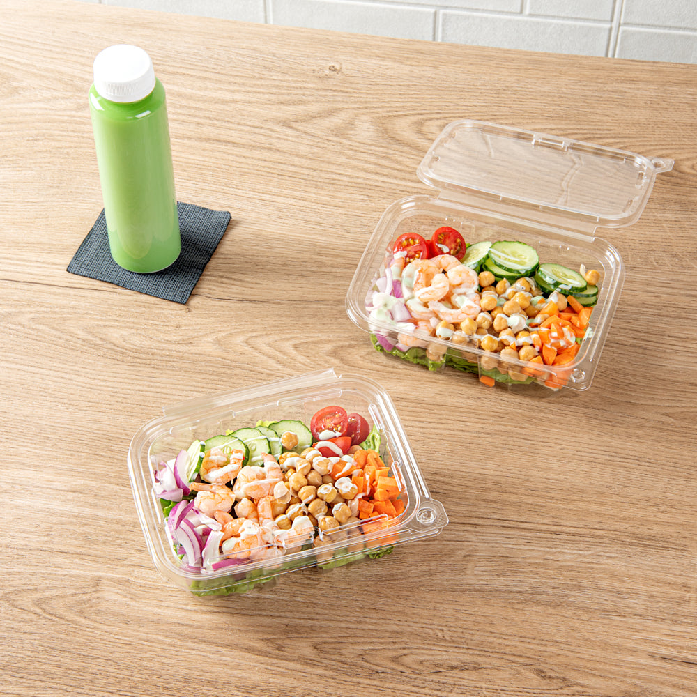 Tamper Tek 20 oz Rectangle Clear Plastic Salad Container - with Lid, Tamper-Evident - 7 1/4" x 5 1/2" x 2" - 100 count box