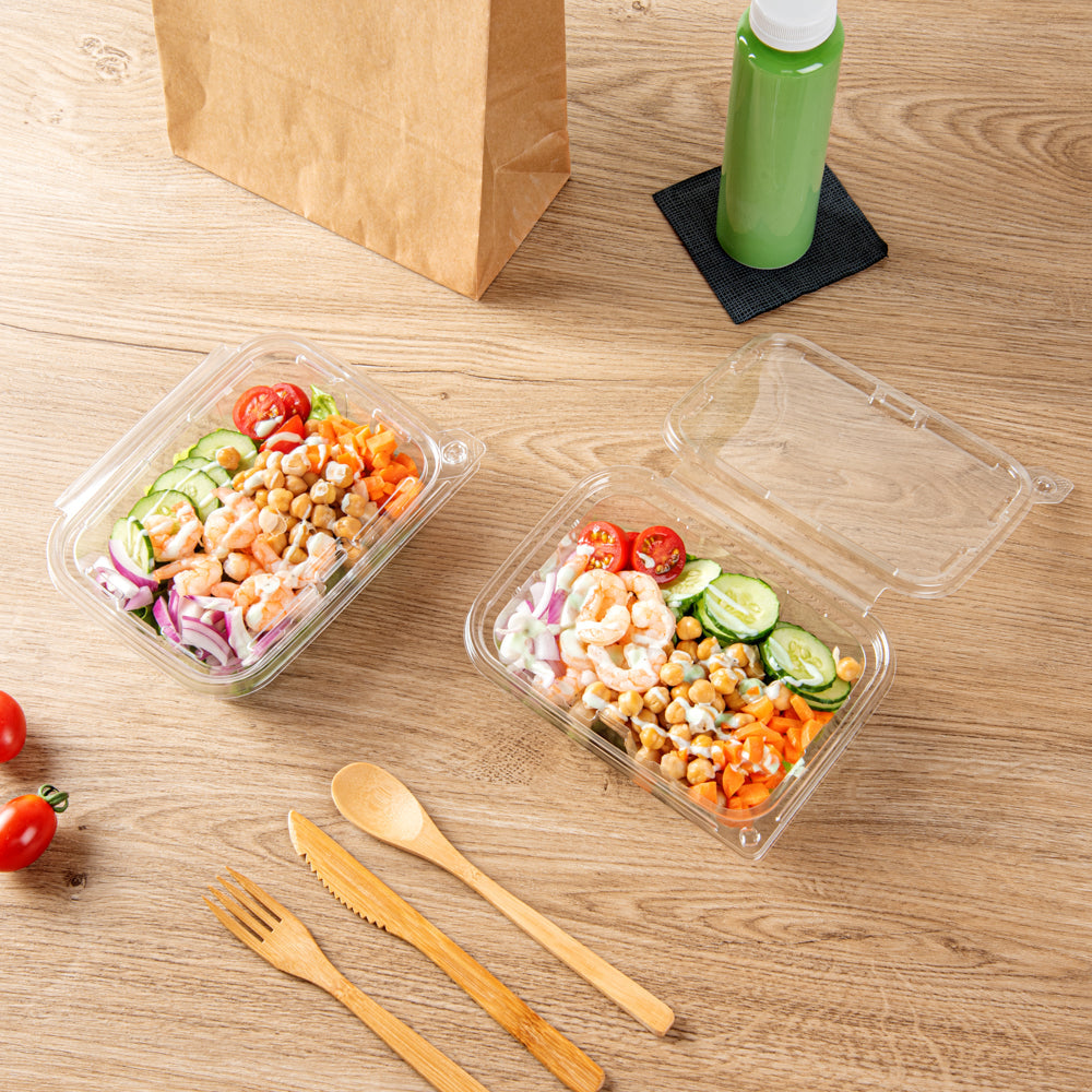 Tamper Tek 20 oz Rectangle Clear Plastic Salad Container - with Lid, Tamper-Evident - 7 1/4" x 5 1/2" x 2" - 100 count box
