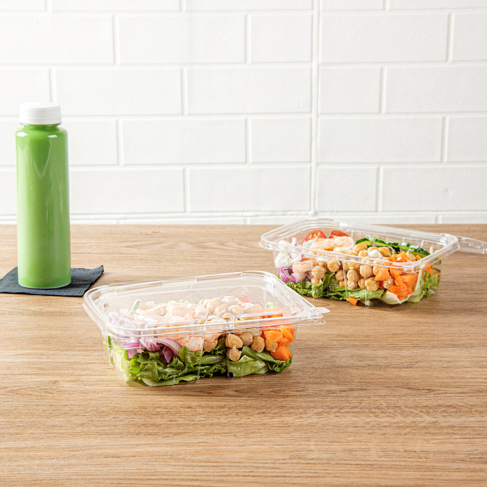 Tamper Tek 20 oz Rectangle Clear Plastic Salad Container - with Lid, Tamper-Evident - 7 1/4" x 5 1/2" x 2" - 100 count box