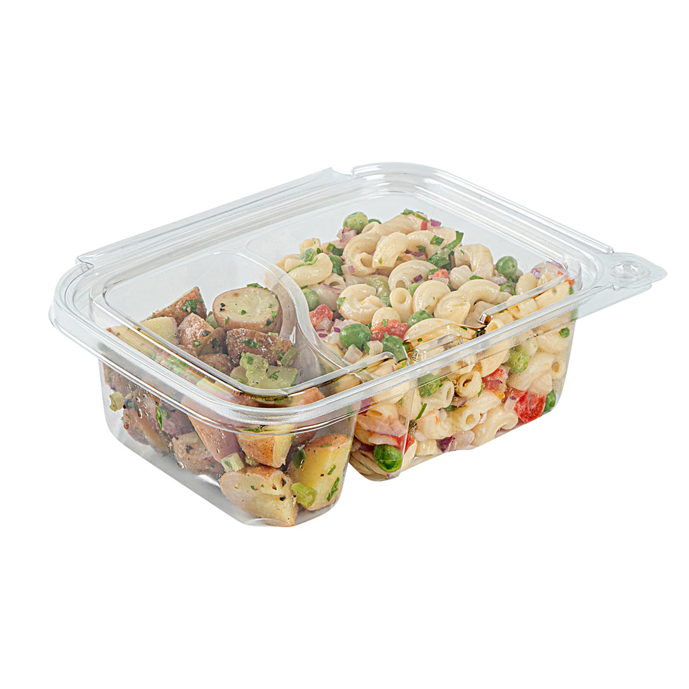 Tamper Tek 24 oz Rectangle Clear Plastic Container - with Lid, Tamper-Evident, 2 Compartments - 7 1/4" x 5 1/2" x 2 1/4" - 100 count box