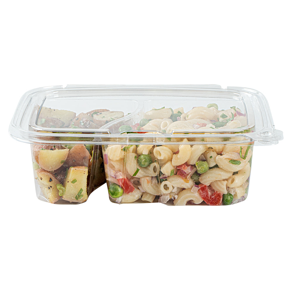 Tamper Tek 24 oz Rectangle Clear Plastic Container - with Lid, Tamper-Evident, 2 Compartments - 7 1/4" x 5 1/2" x 2 1/4" - 100 count box