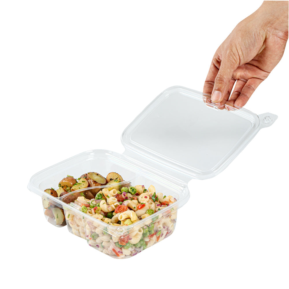 Tamper Tek 24 oz Rectangle Clear Plastic Container - with Lid, Tamper-Evident, 2 Compartments - 7 1/4" x 5 1/2" x 2 1/4" - 100 count box