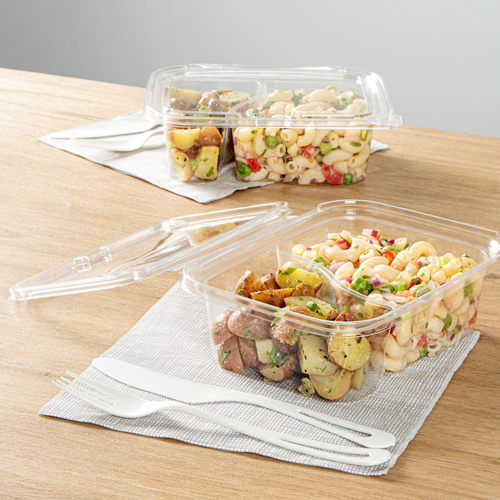 Tamper Tek 24 oz Rectangle Clear Plastic Container - with Lid, Tamper-Evident, 2 Compartments - 7 1/4" x 5 1/2" x 2 1/4" - 100 count box