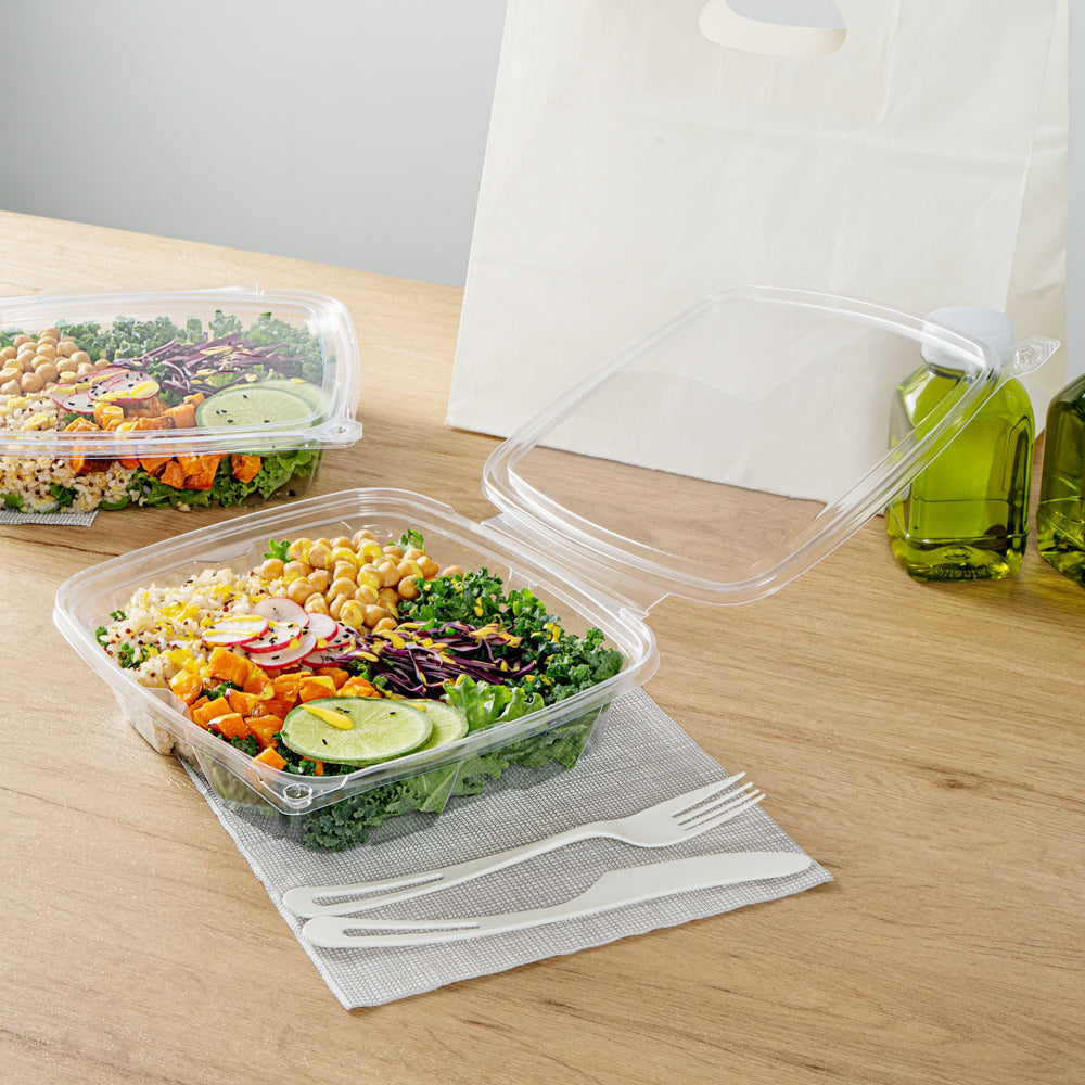 Tamper Tek 48 oz Rectangle Clear Plastic Salad Container - with Lid, Tamper-Evident - 8 3/4" x 7 3/4" x 1 3/4" - 100 count box