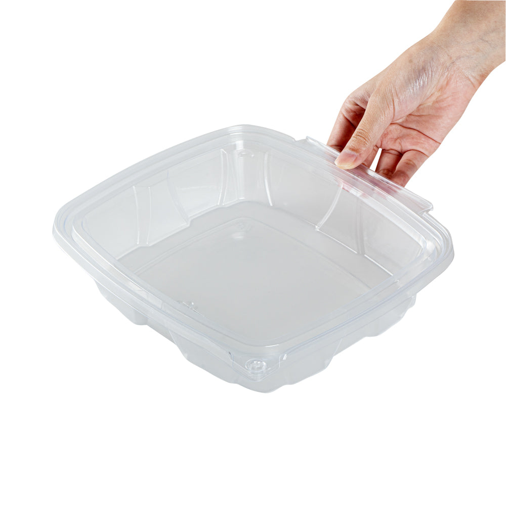 Tamper Tek 48 oz Rectangle Clear Plastic Salad Container - with Lid, Tamper-Evident - 8 3/4" x 7 3/4" x 1 3/4" - 100 count box