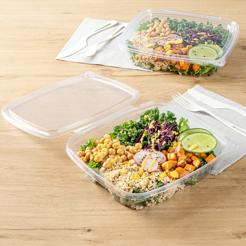 Tamper Tek 48 oz Rectangle Clear Plastic Salad Container - with Lid, Tamper-Evident - 8 3/4" x 7 3/4" x 1 3/4" - 100 count box