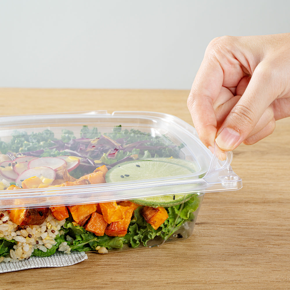 Tamper Tek 48 oz Rectangle Clear Plastic Salad Container - with Lid, Tamper-Evident - 8 3/4" x 7 3/4" x 1 3/4" - 100 count box
