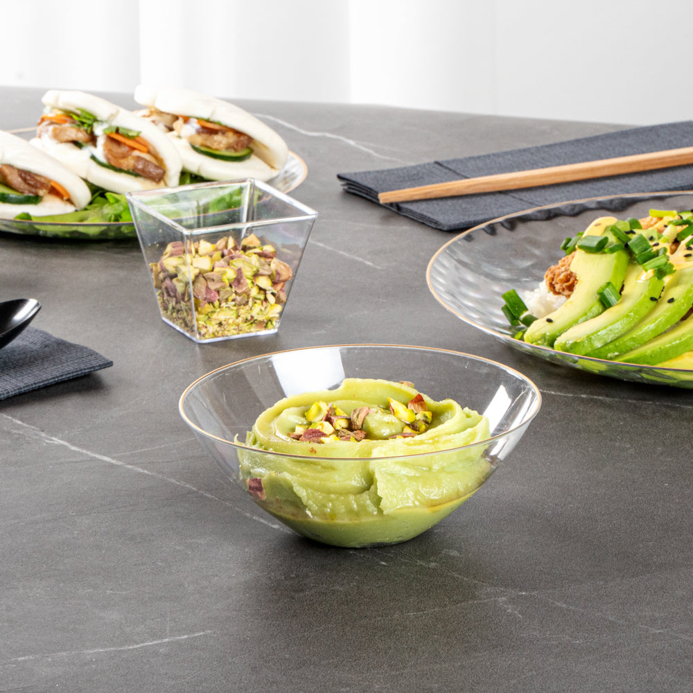 Moderna 6 oz Round Clear Plastic Gold-Rimmed Bowl - 4 3/4" x 4 3/4" x 1 3/4" - 20 count box
