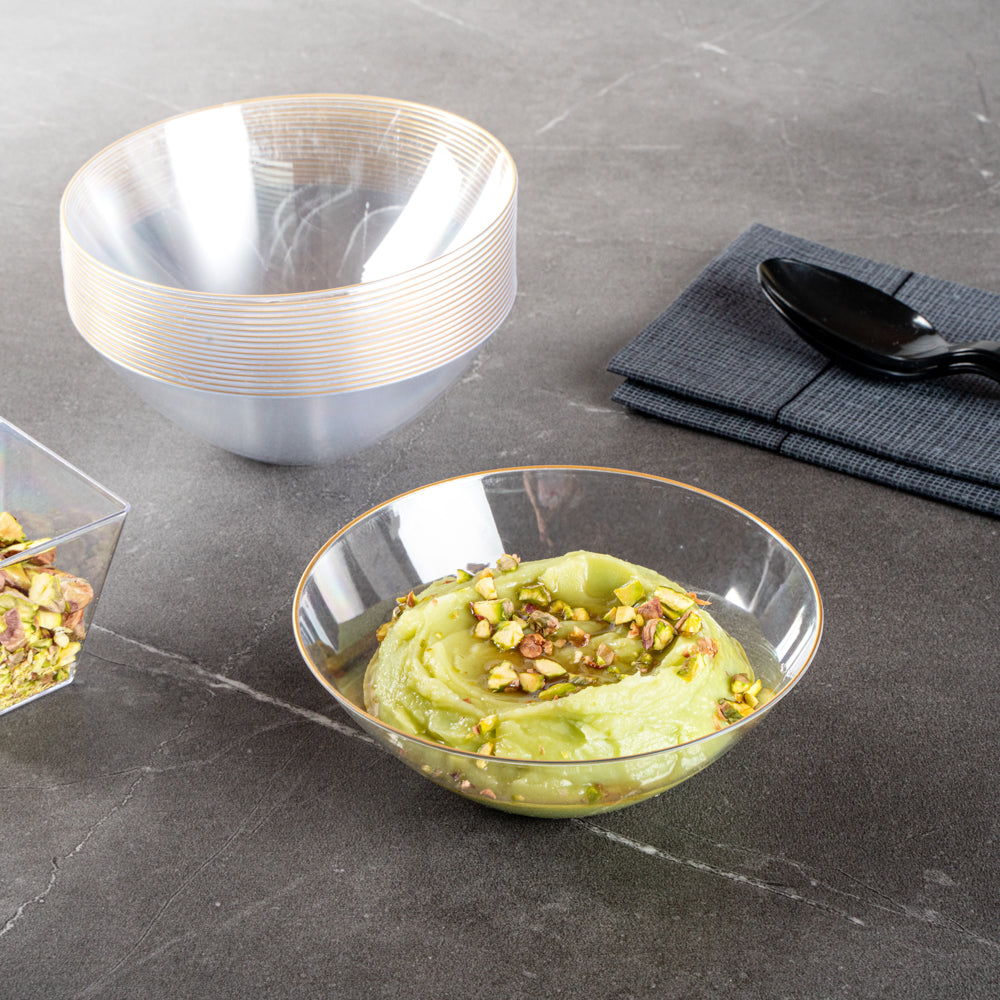 Moderna 6 oz Round Clear Plastic Gold-Rimmed Bowl - 4 3/4" x 4 3/4" x 1 3/4" - 20 count box