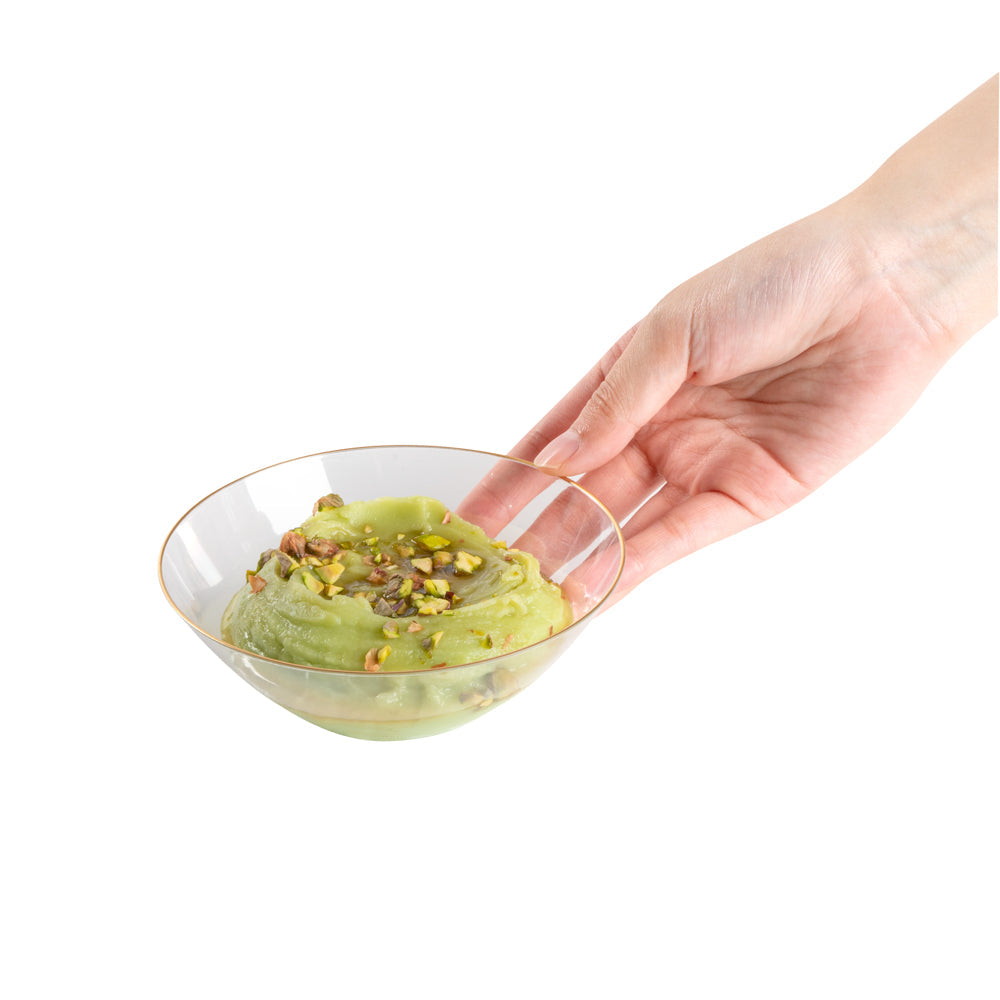 Moderna 6 oz Round Clear Plastic Gold-Rimmed Bowl - 4 3/4" x 4 3/4" x 1 3/4" - 100 count box